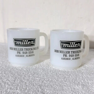 Vintage Glassbake Heat Resistant Milk Glass Bob Miller Trucking  LTD. Mugs x2